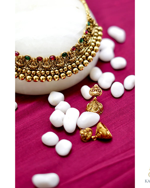 Antique Lakshmi Ball Choker Necklace set with matching Jhumkhas - Necklace - Image 4