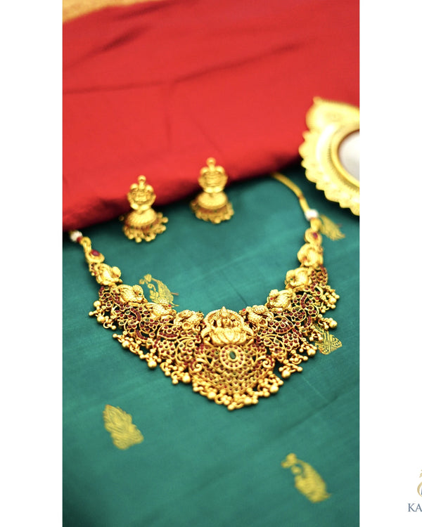 Kemp Mayura Lakshmi Premium Necklace with matching Jhumkhas - jewelry - Side View