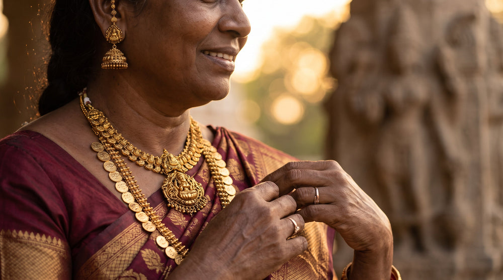 South Indian woman wearing antique gold temple jewellery set with Lakshmi haram, kasu mala and jhumkas in a maroon Kanjeevaram saree