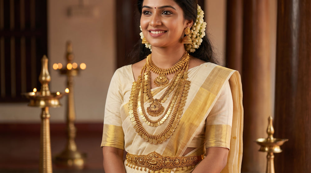Kerala bride in cream kasavu saree wearing layered traditional gold bridal jewellery with Palakka Mala, Jhimki earrings and jasmine in hair