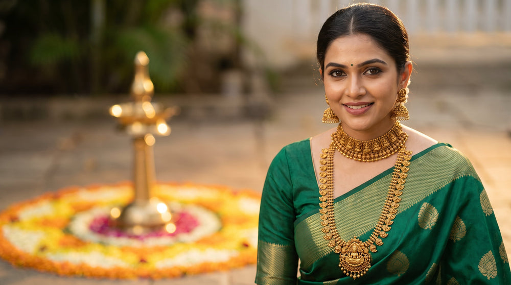Modern South Indian woman wearing layered antique gold temple jewellery with Lakshmi haram and Jhimka earrings over an emerald green silk saree