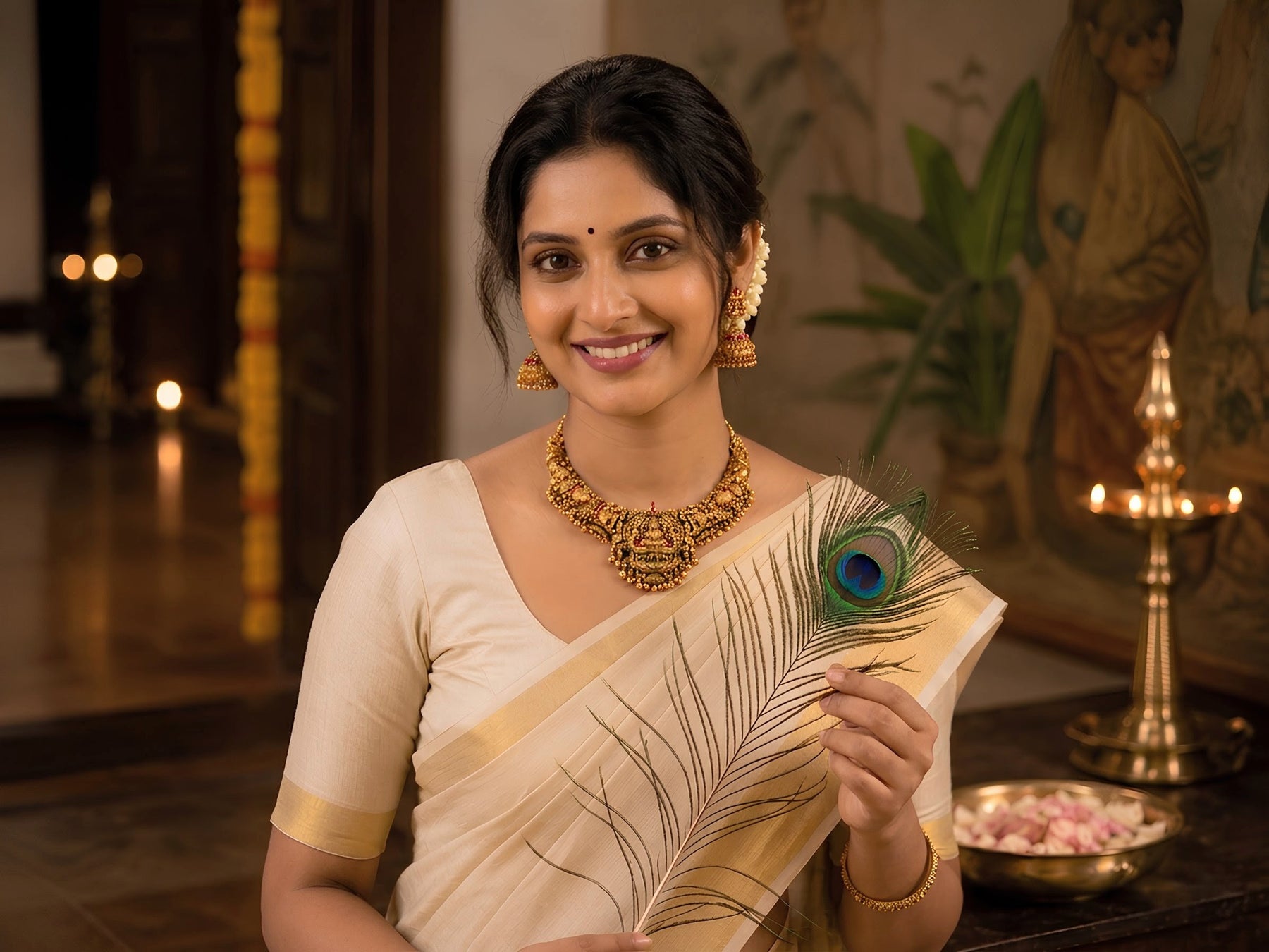 Woman in traditional attire holding a peacock feather in a decorated indoor setting