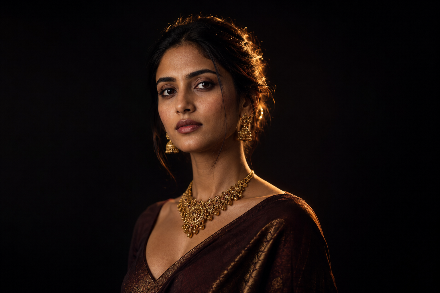 A woman wearing an ornate gold necklace and matching earrings, dressed in a dark brown sari, set against a solid black background.