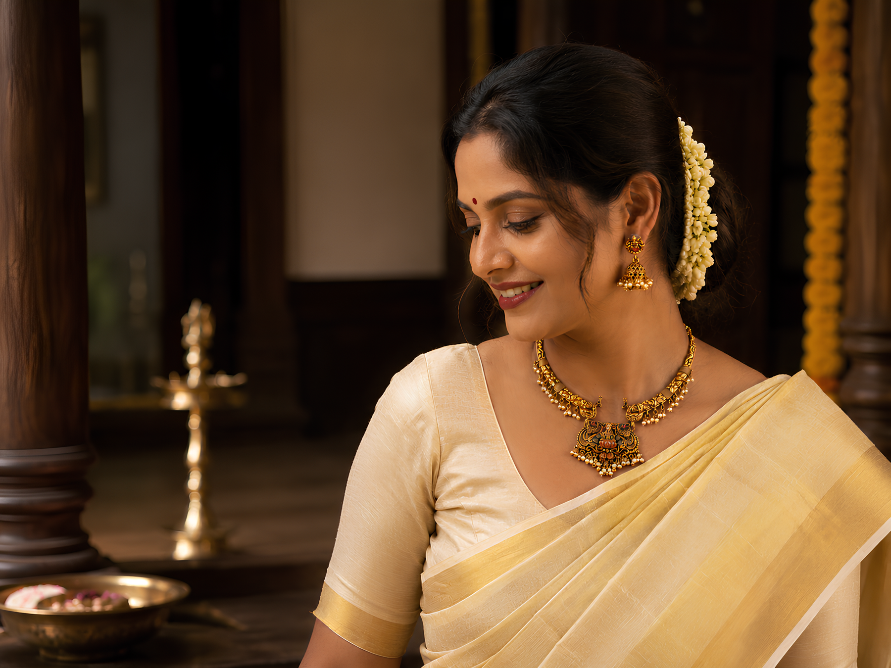 Woman in a yellow saree with gold jewelry in an indoor setting