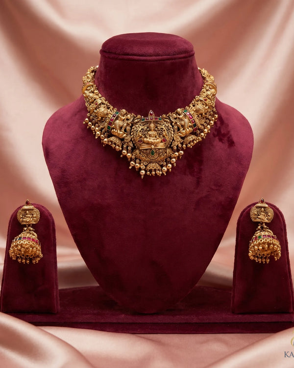 Royal Lakshmi Temple Necklace Set - Necklace - Front View