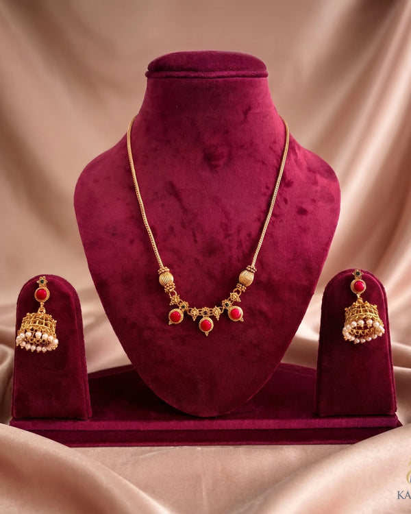 Classic Jhumka Ruby Set - Haram - Front View