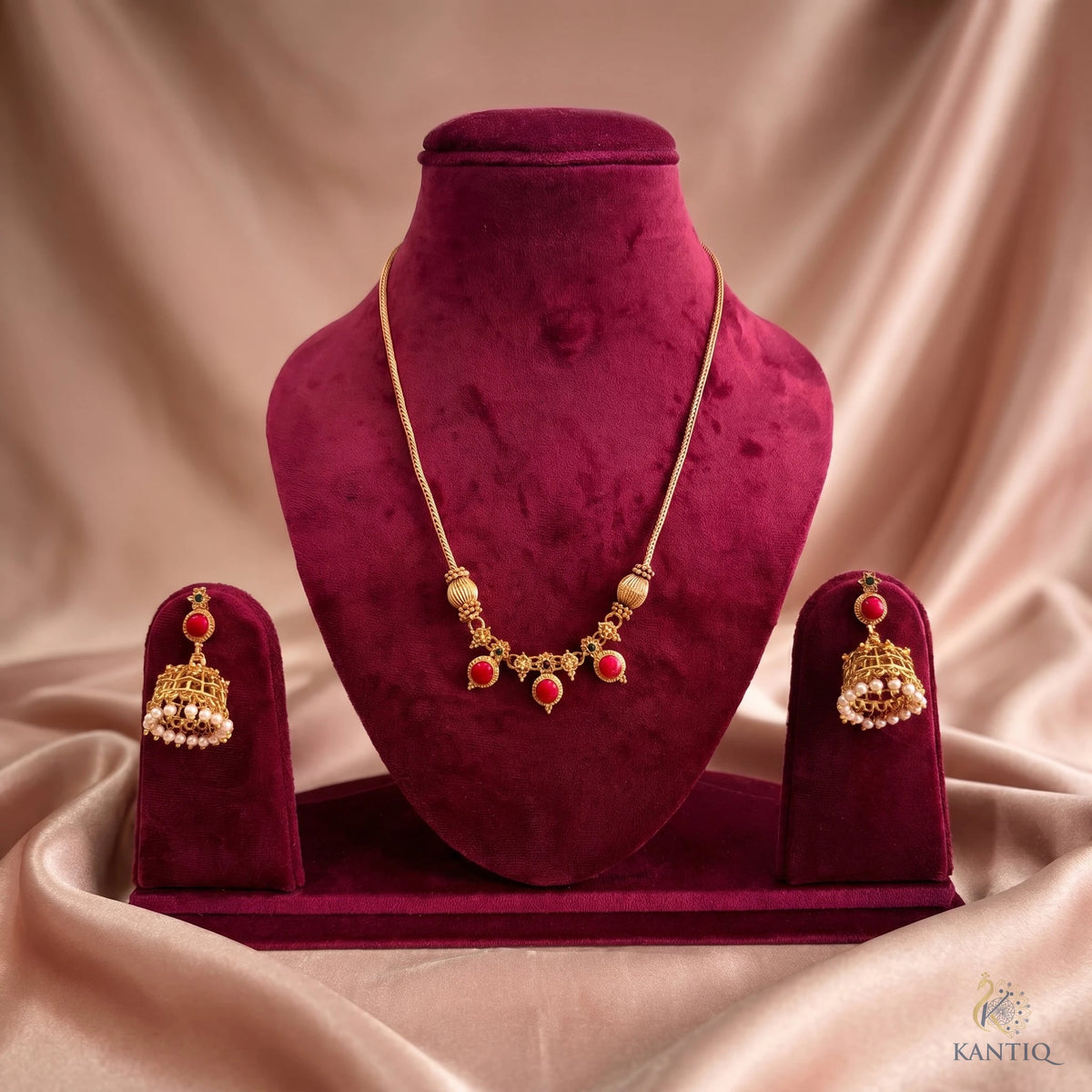 Classic Jhumka Ruby Set - Haram - Front View