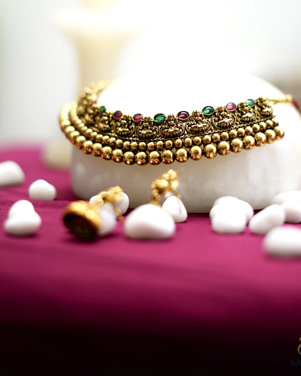 Antique Lakshmi Ball Choker Necklace set with matching Jhumkhas - Necklace - Detail View