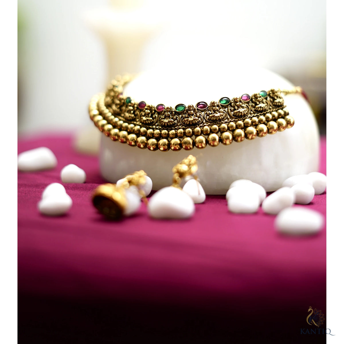 Antique Lakshmi Ball Choker Necklace set with matching Jhumkhas - Necklace - Detail View