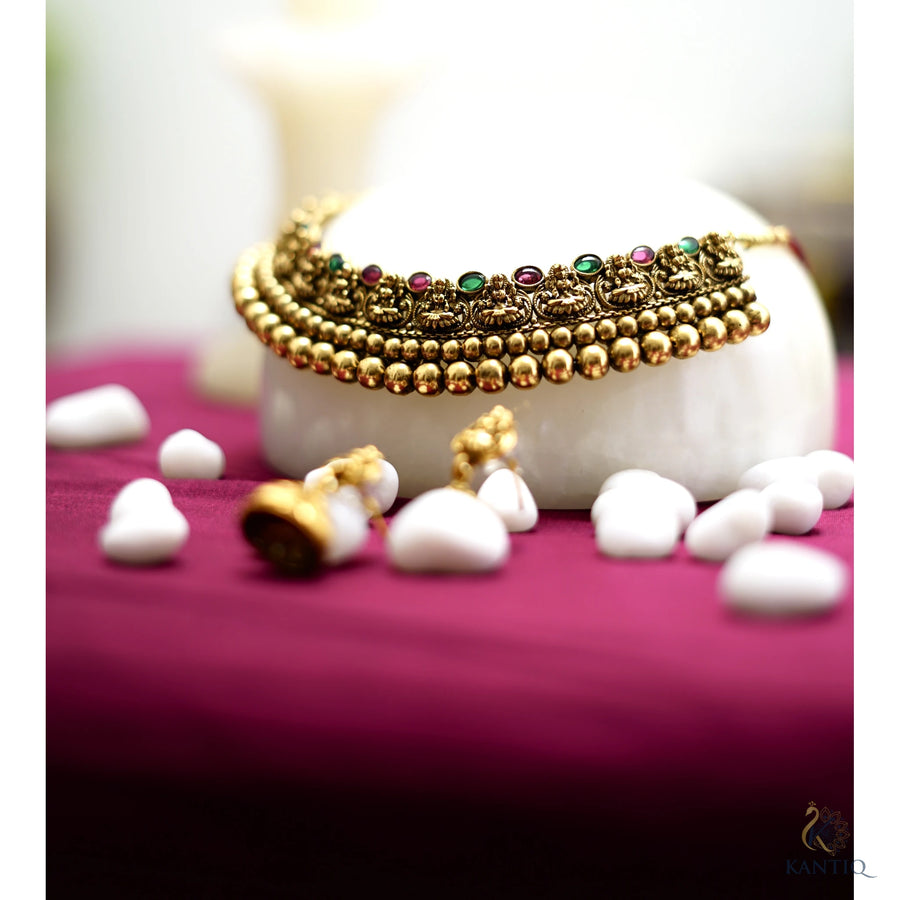 Antique Lakshmi Ball Choker Necklace set with matching Jhumkhas - Necklace - Detail View