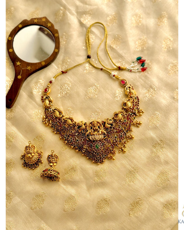 Kemp Mayura Lakshmi Premium Necklace with matching Jhumkhas - jewelry - Front View