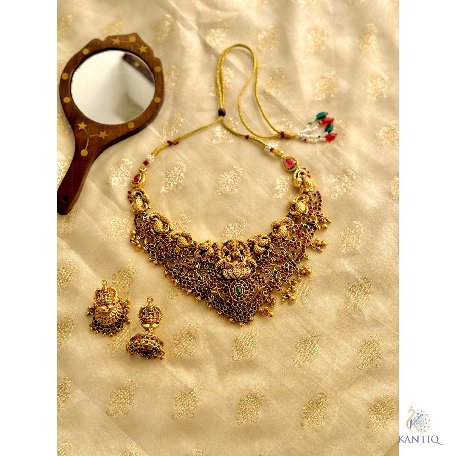 Kemp Mayura Lakshmi Premium Necklace with matching Jhumkhas - jewelry - Front View