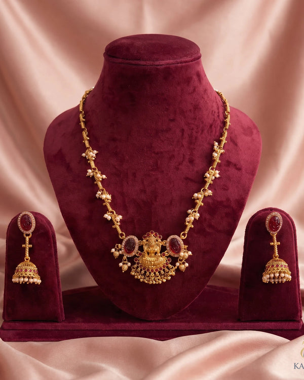 Lakshmi Motif Haram & Ruby Pearl Jhumka Set - Haram - Side View