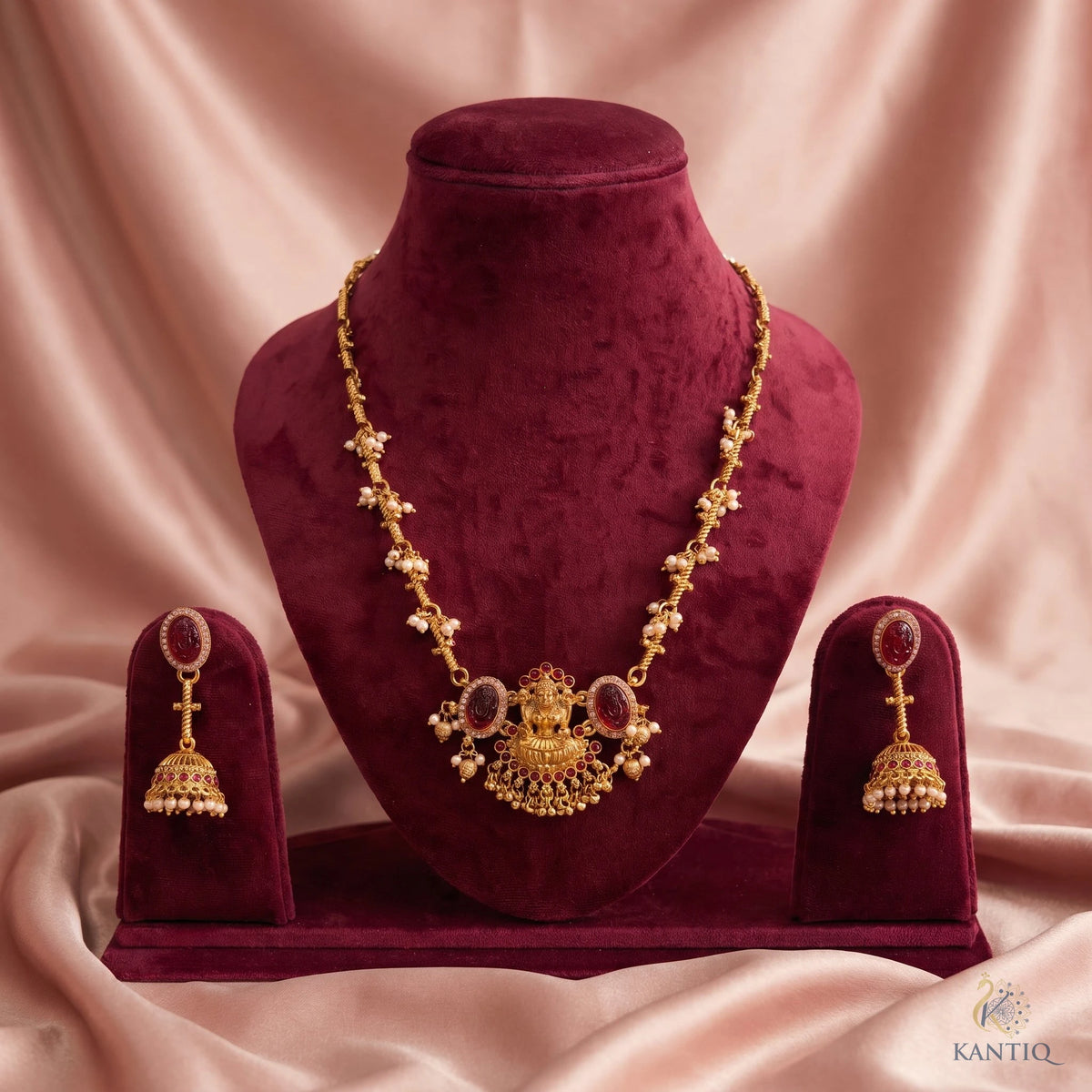 Lakshmi Motif Haram & Ruby Pearl Jhumka Set - Haram - Side View