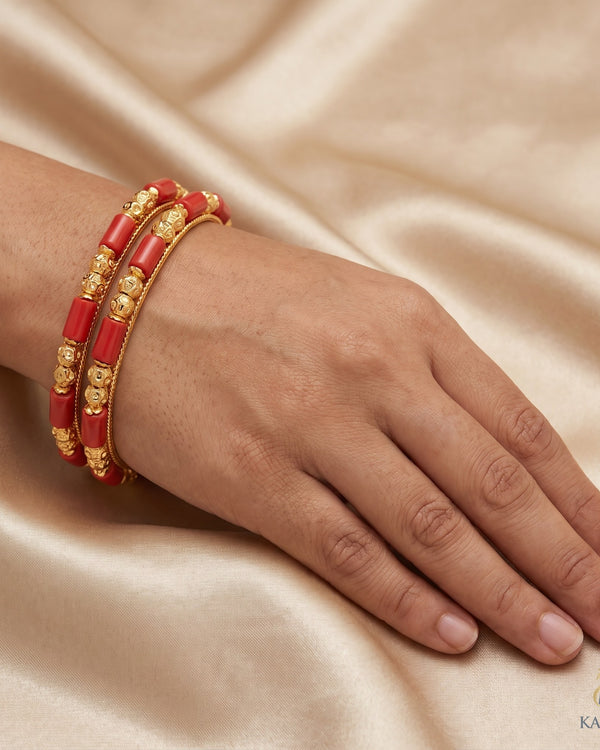 Coral Red Cylindrical Beaded Bangles